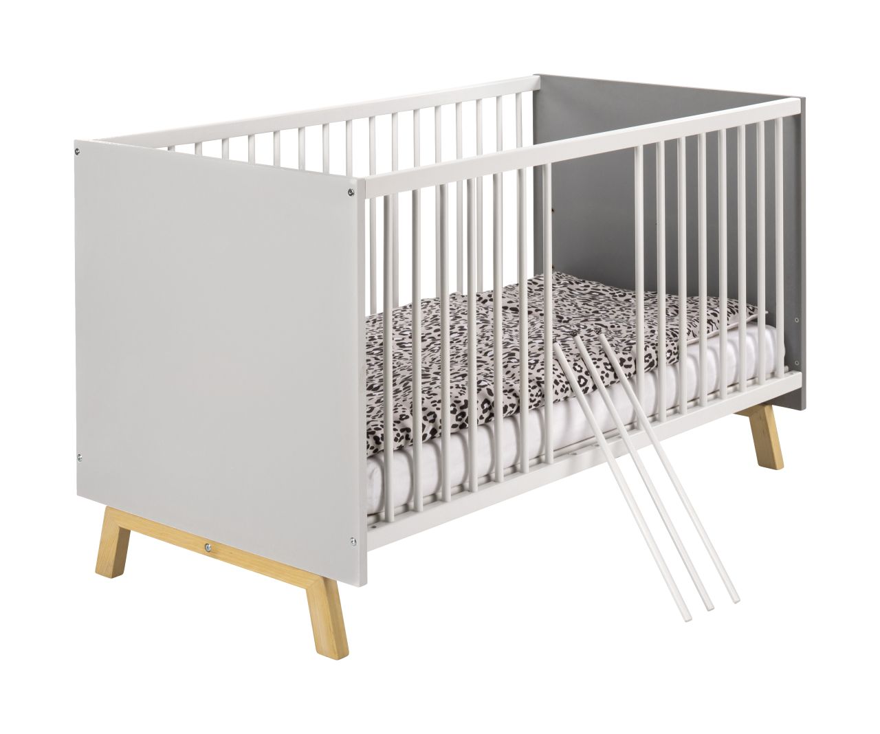 Kombi-Kinderbett 70×140 -Gitterbett Babybett Schlupfsprossen-Weiß/Grau/Natur