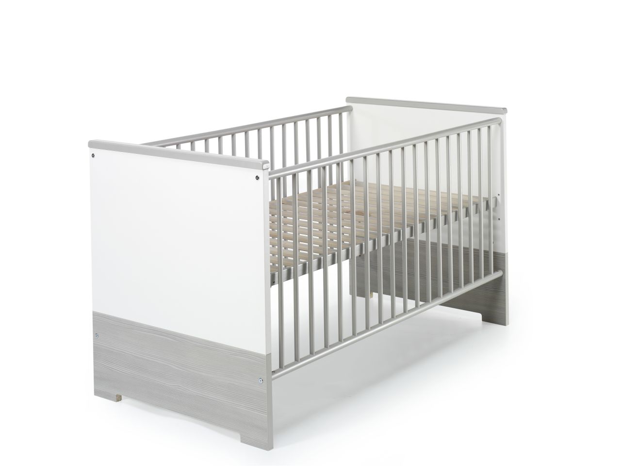 Kombi-Kinderbett 70×140 -Gitterbett Babybett Schlupfsprossen-Weiß/Pinie Silber