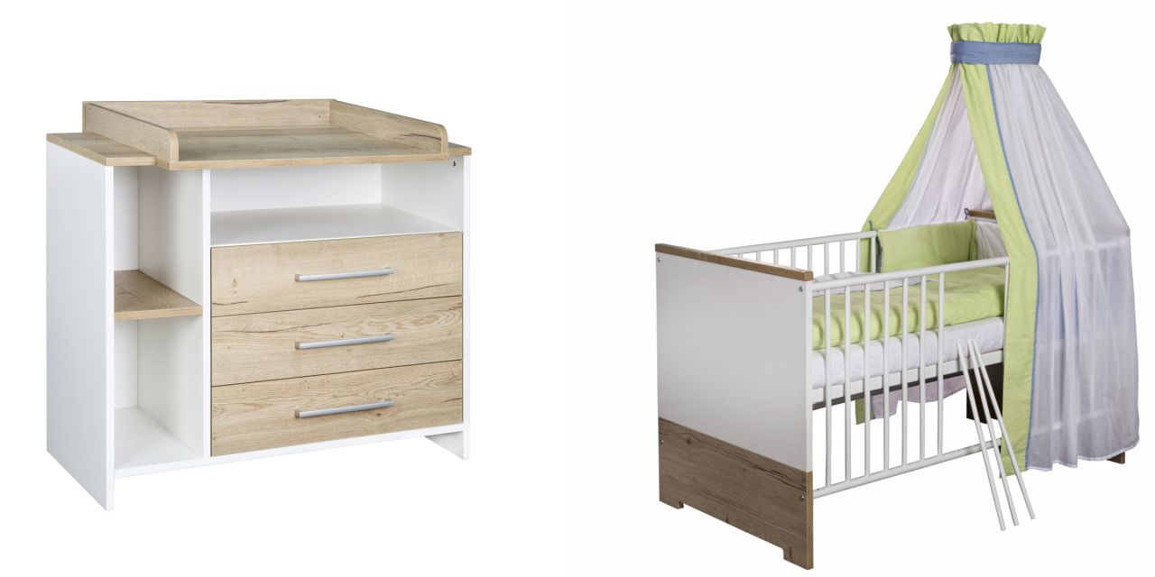 Set Kinderbett 70×140 Wickelkommode Umbauseiten Möbel Babyzimmer Weiß Schardt