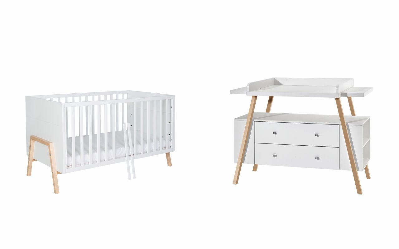 Set Kinderbett 70×140 Wickelkommode Umbauseiten Babyzimmer Möbel Weiß Schardt