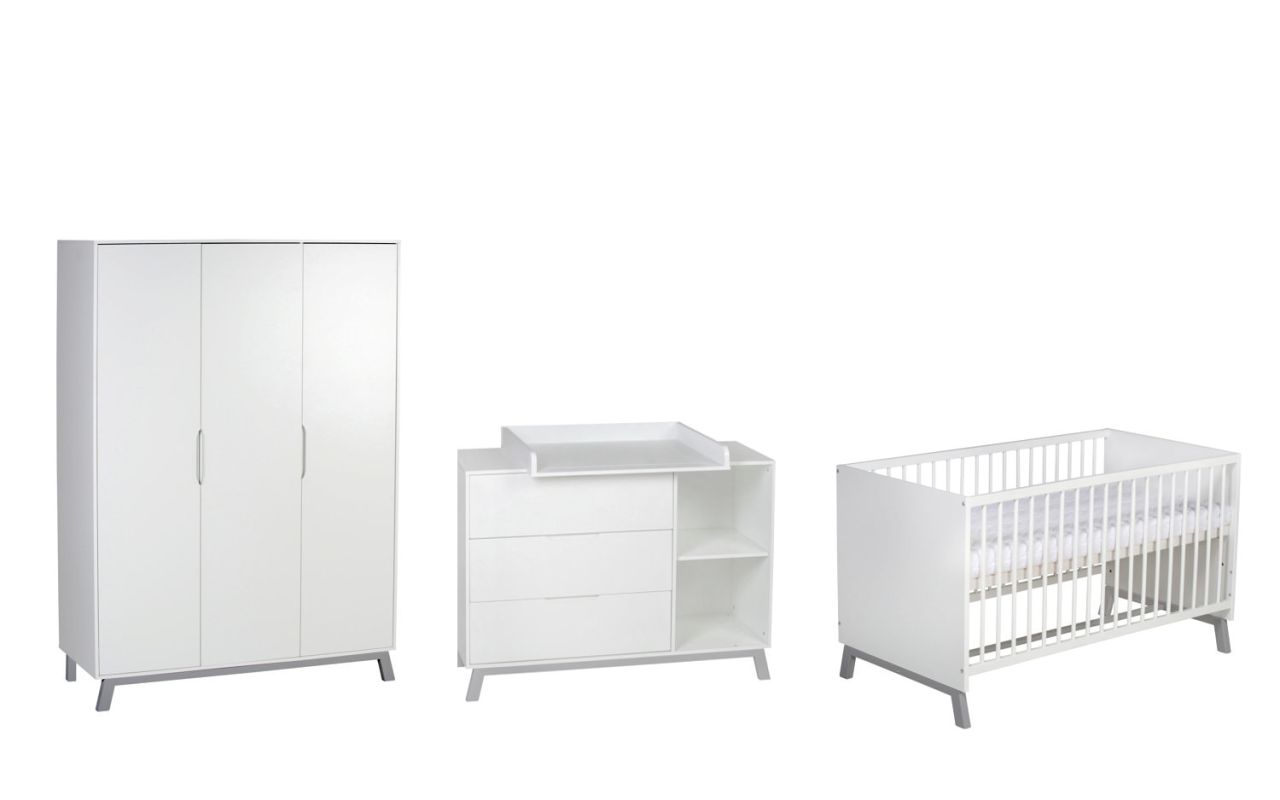 Set Kinderbett 70×140 Wickelkommode Schrank Umbauseiten Babyzimmer Weiß Schardt