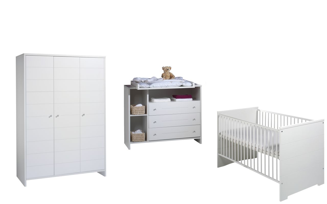 Set Kinderbett 70×140 Wickelkommode Schrank Umbauseiten Babyzimmer Weiß Schardt