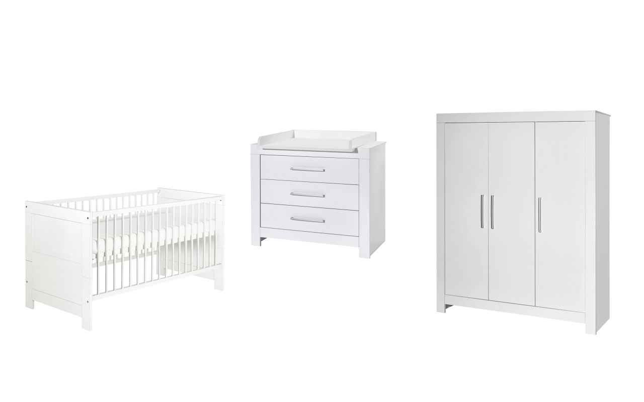 Set Kinderbett 70×140 Wickelkommode Schrank Umbauseiten Babyzimmer Weiß Schardt