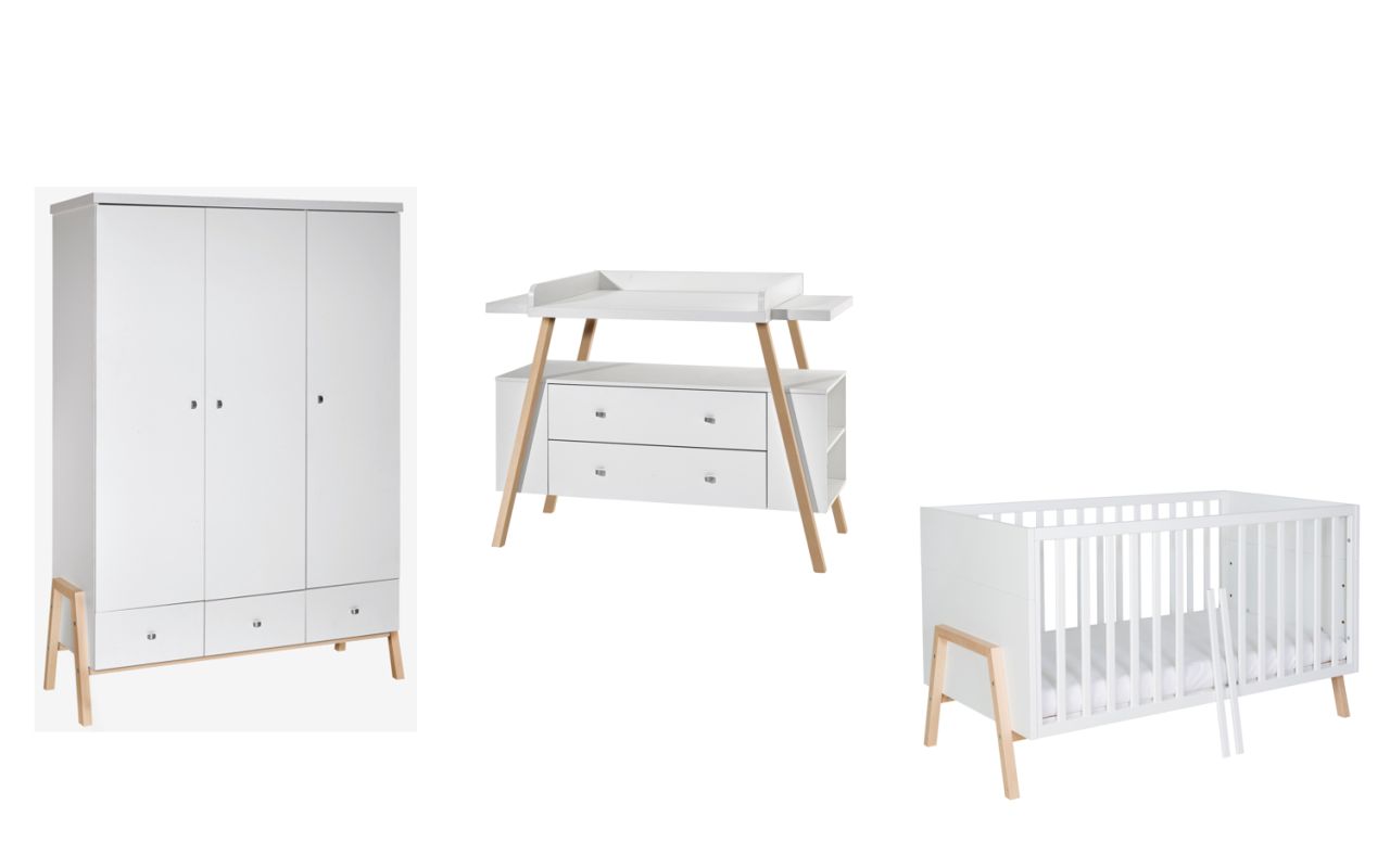 Set Kinderbett 70×140 Wickelkommode Schrank Umbauseiten Babyzimmer Weiß Schardt