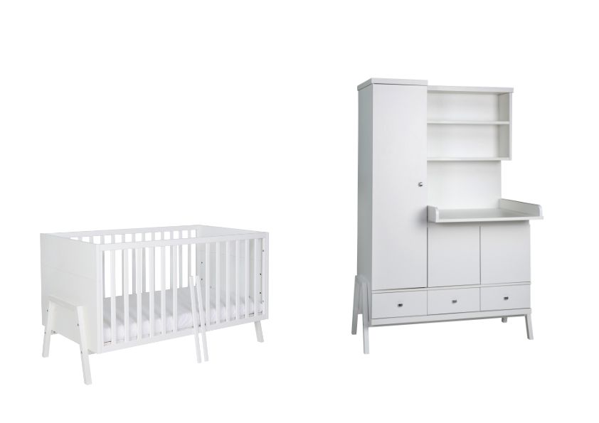 Set Bett 70×140 Schrank mit Wickelkommode Umbauseiten Babyzimmer Weiß Schardt