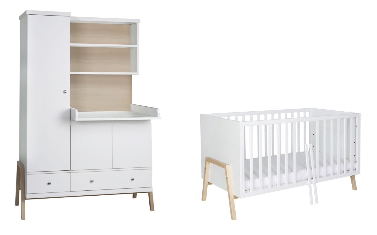 Set Bett 70×140 Schrank mit Wickelkommode Umbauseiten Babyzimmer Weiß Schardt