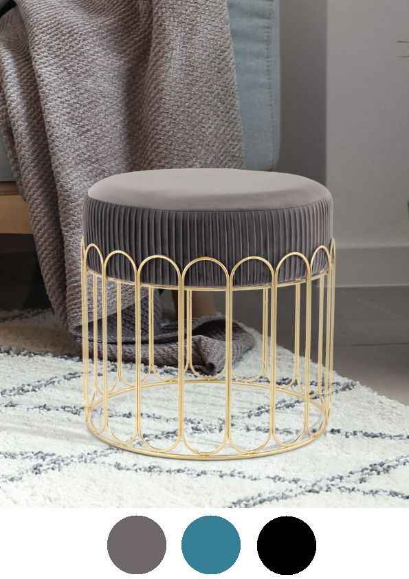 Hocker Pouf gold Samt glamour modern Sitz rund grau Stuhl art deco trend Metall