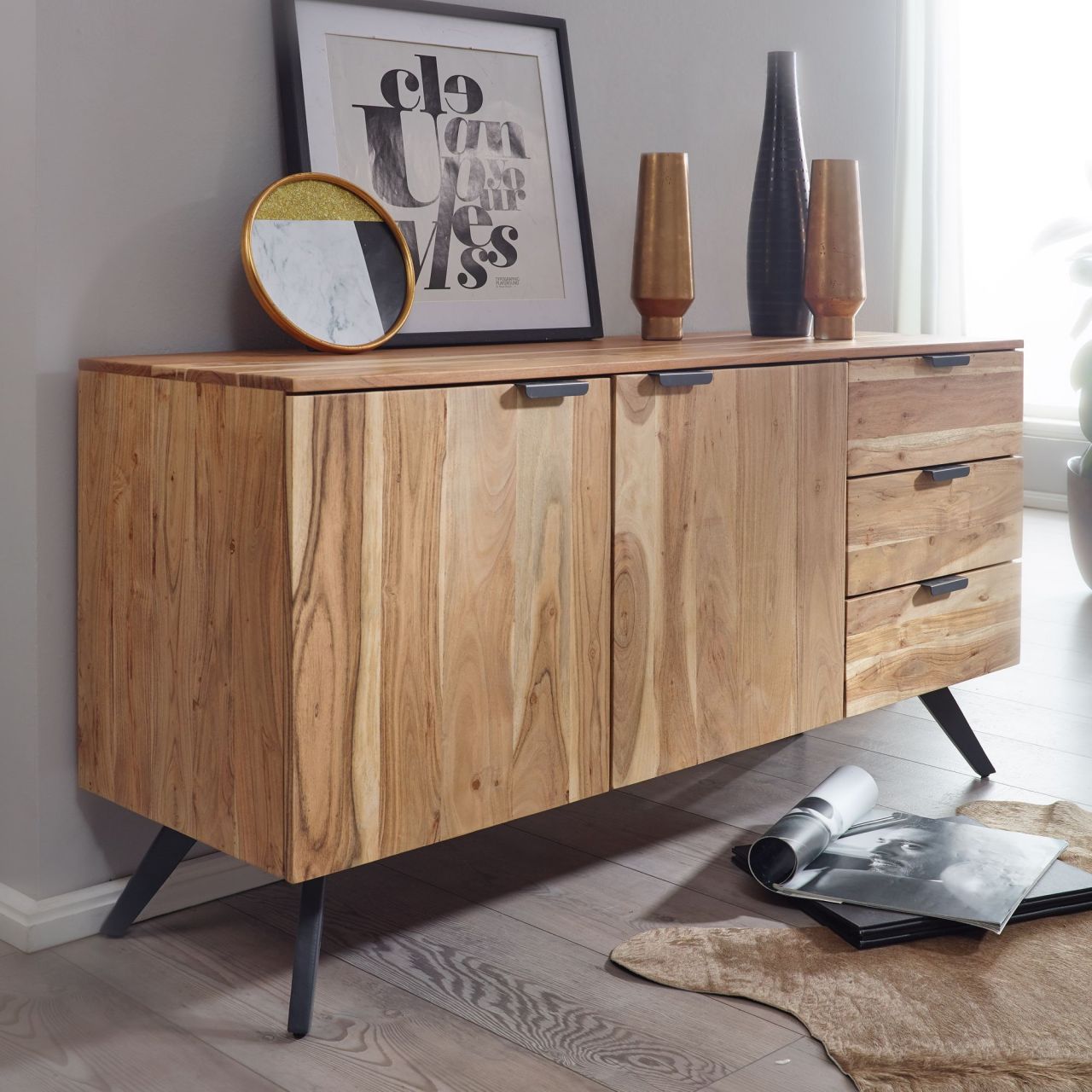 Sideboard 145x75x45 cm Akazie Massivholz Anrichte Modern Flurschrank