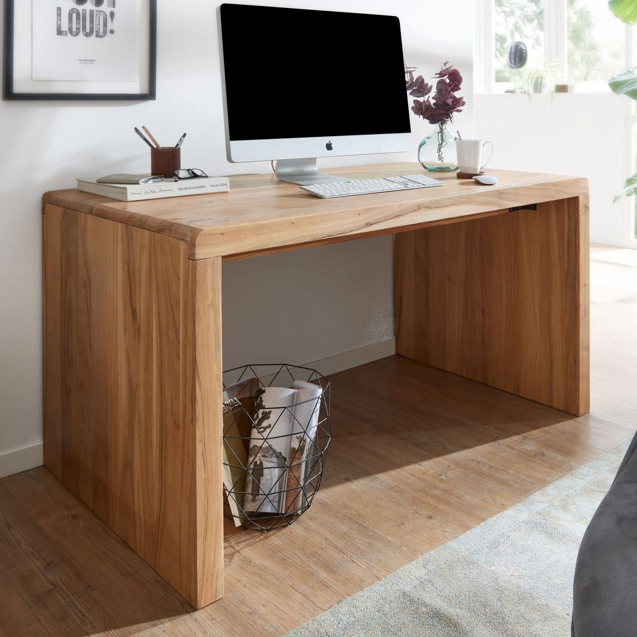 Schreibtisch BOHA Massiv-Holz Akazie Computertisch 140 cm breit Echtholz Design Ablage Büro-Tisch Landhaus-Stil