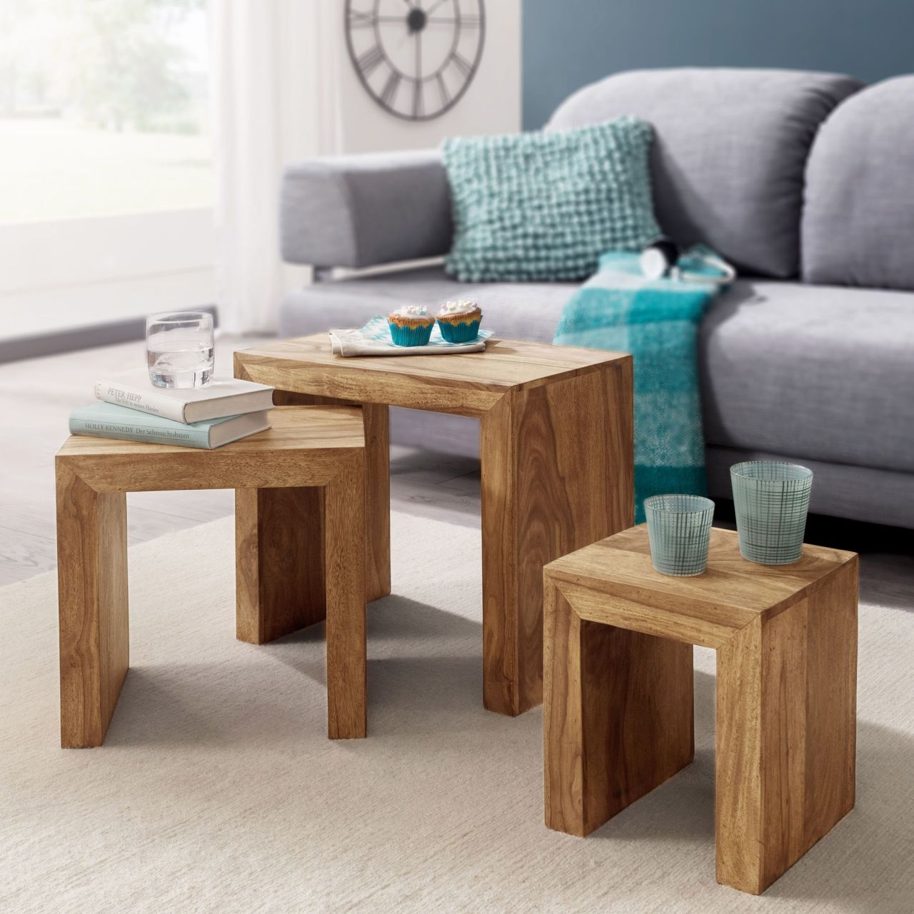 3er Set Satztisch MUMBAI Massiv-Holz Akazie Wohnzimmer-Tisch Landhaus-Stil Beistelltisch dunkel-braun Naturholz