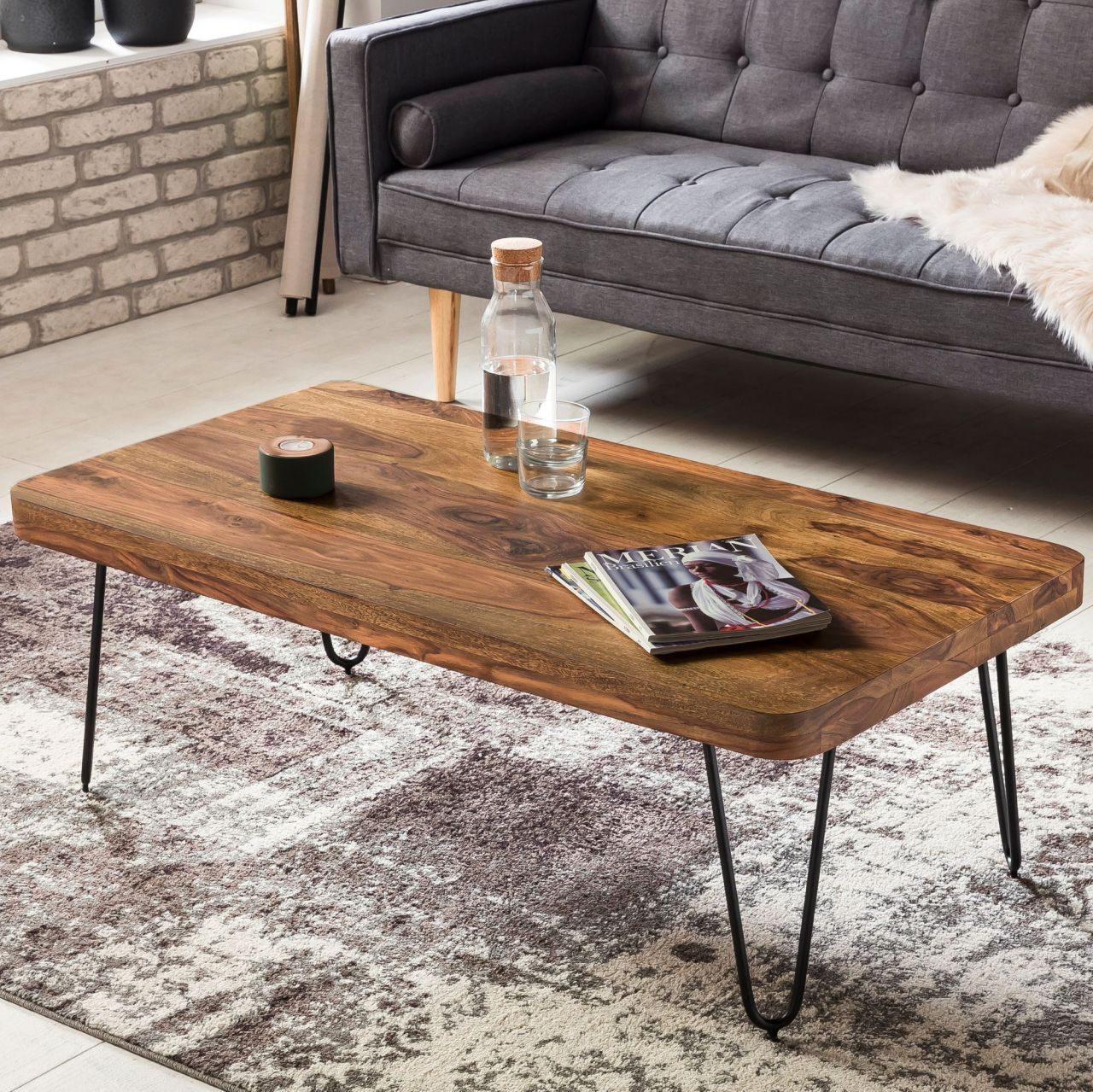 Couchtisch BAGLI Massiv-Holz Sheesham 115 cm breit Wohnzimmer-Tisch Design Metallbeine Landhaus-Stil Beistelltisch