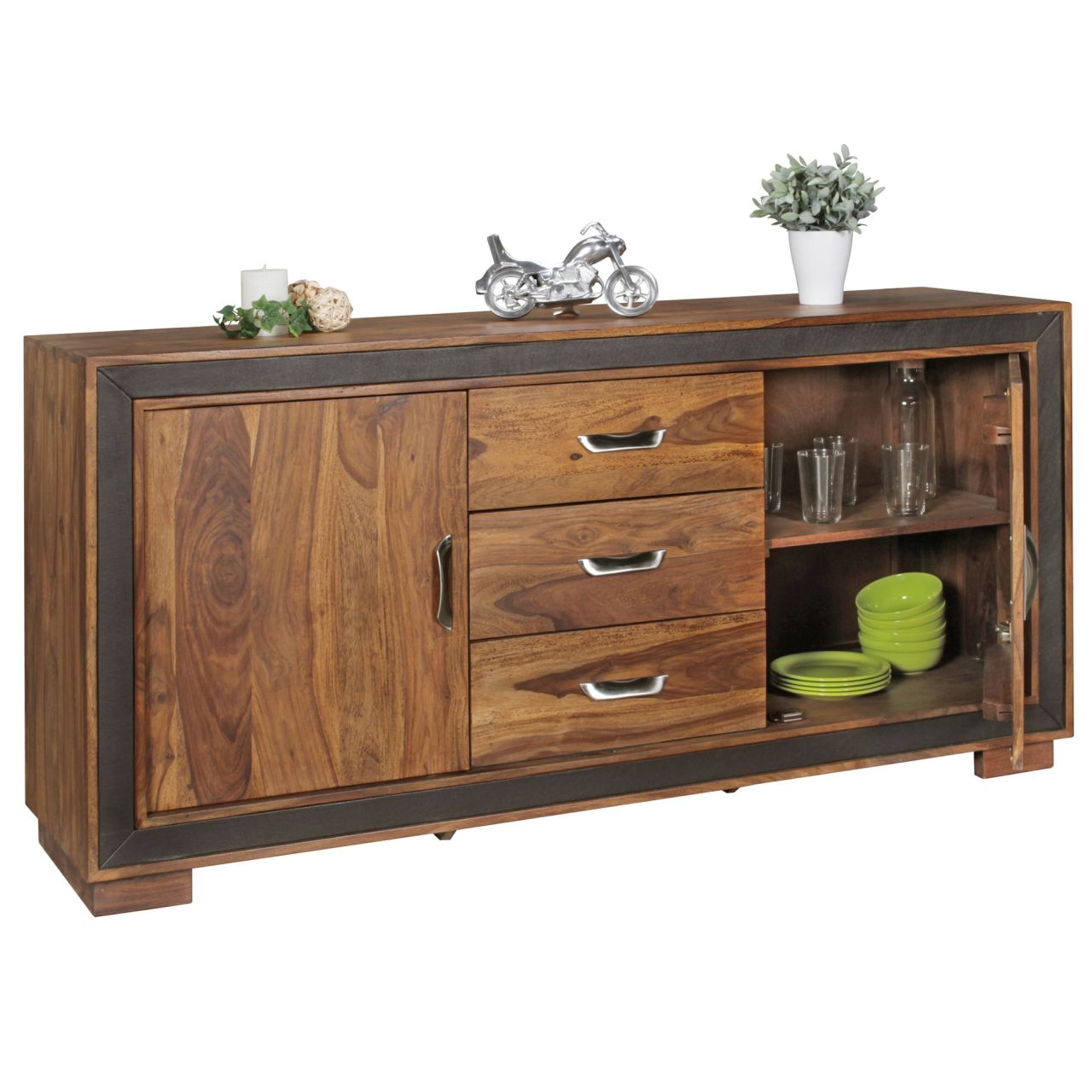 Design Sideboard Sheesham Massivholz mit Kunstleder 160x44x80 cm