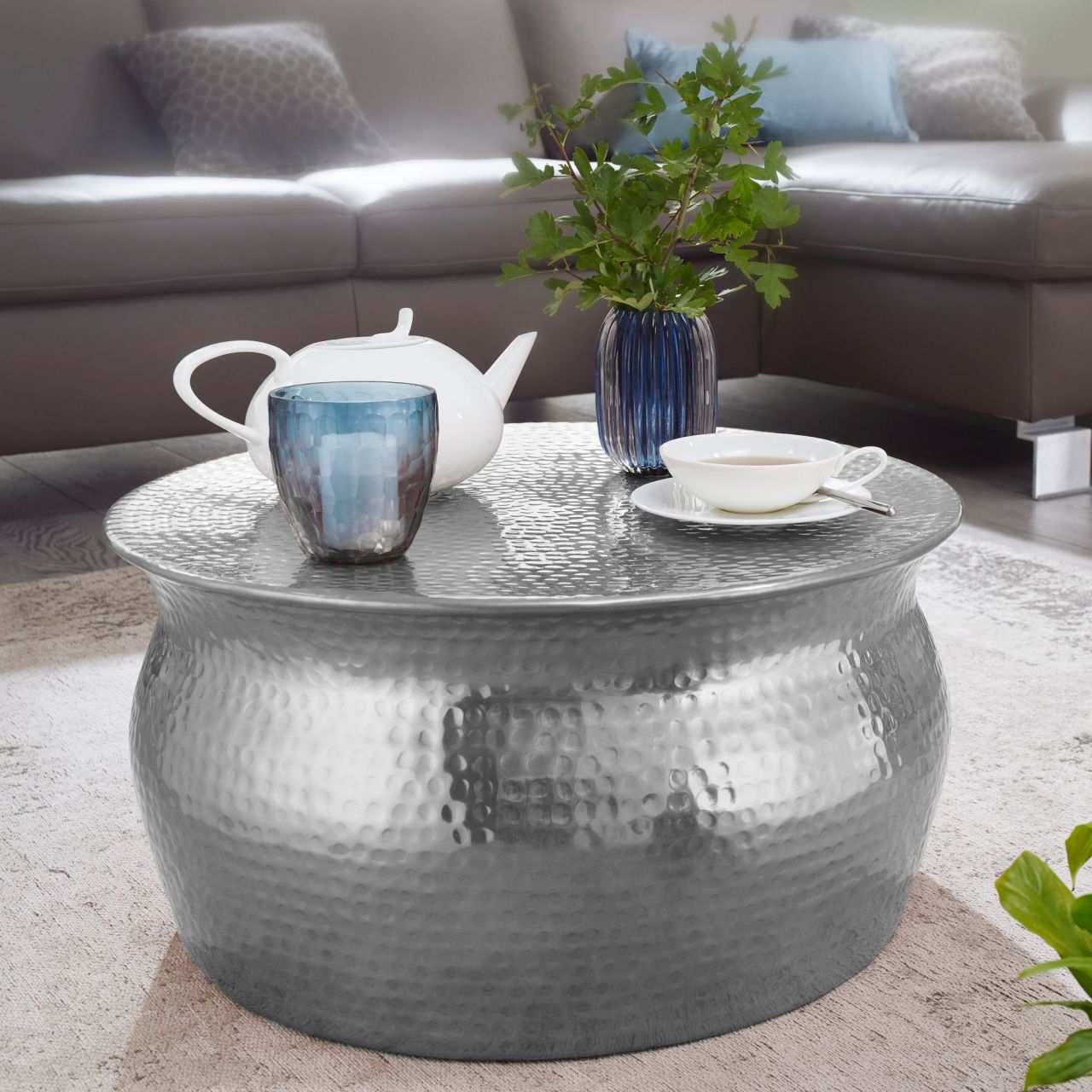 Couchtisch 60×30,5x60cm Aluminium Silber Beistelltisch orientalisch rund