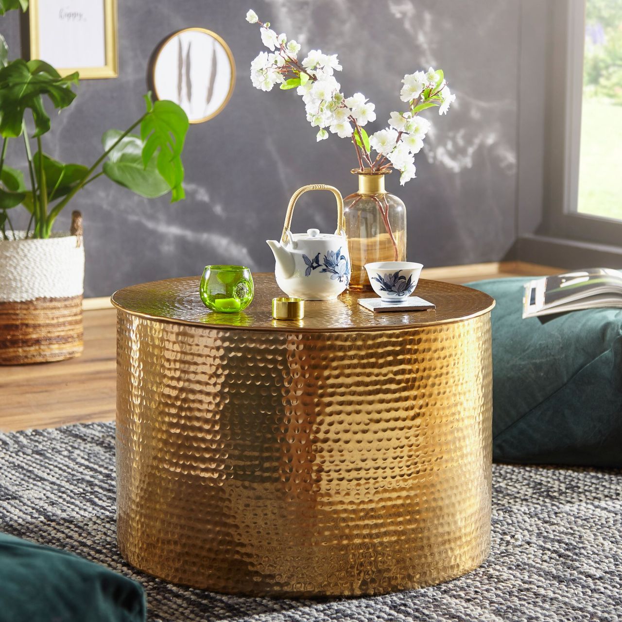 Couchtisch 61 x 40,5 x 61 cm Aluminium Gold Beistelltisch Orientalisch Rund