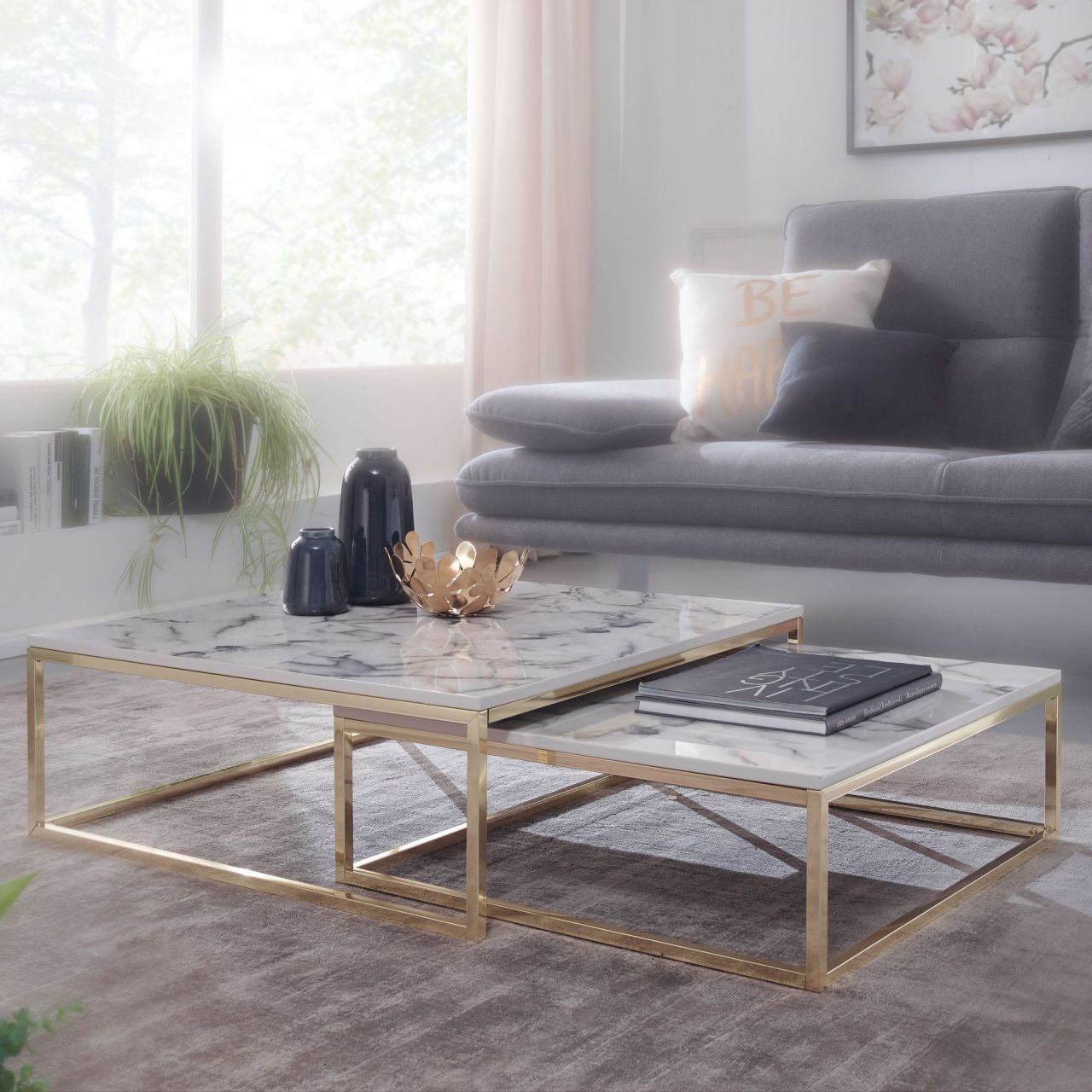 Design Couchtisch 2er Set Weiß Marmor Optik Eckig