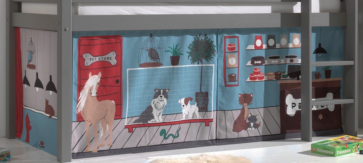 Vorhangset Spielbettvorhang Kinderbettvorhang Textilset Haustiere Pferd Katze