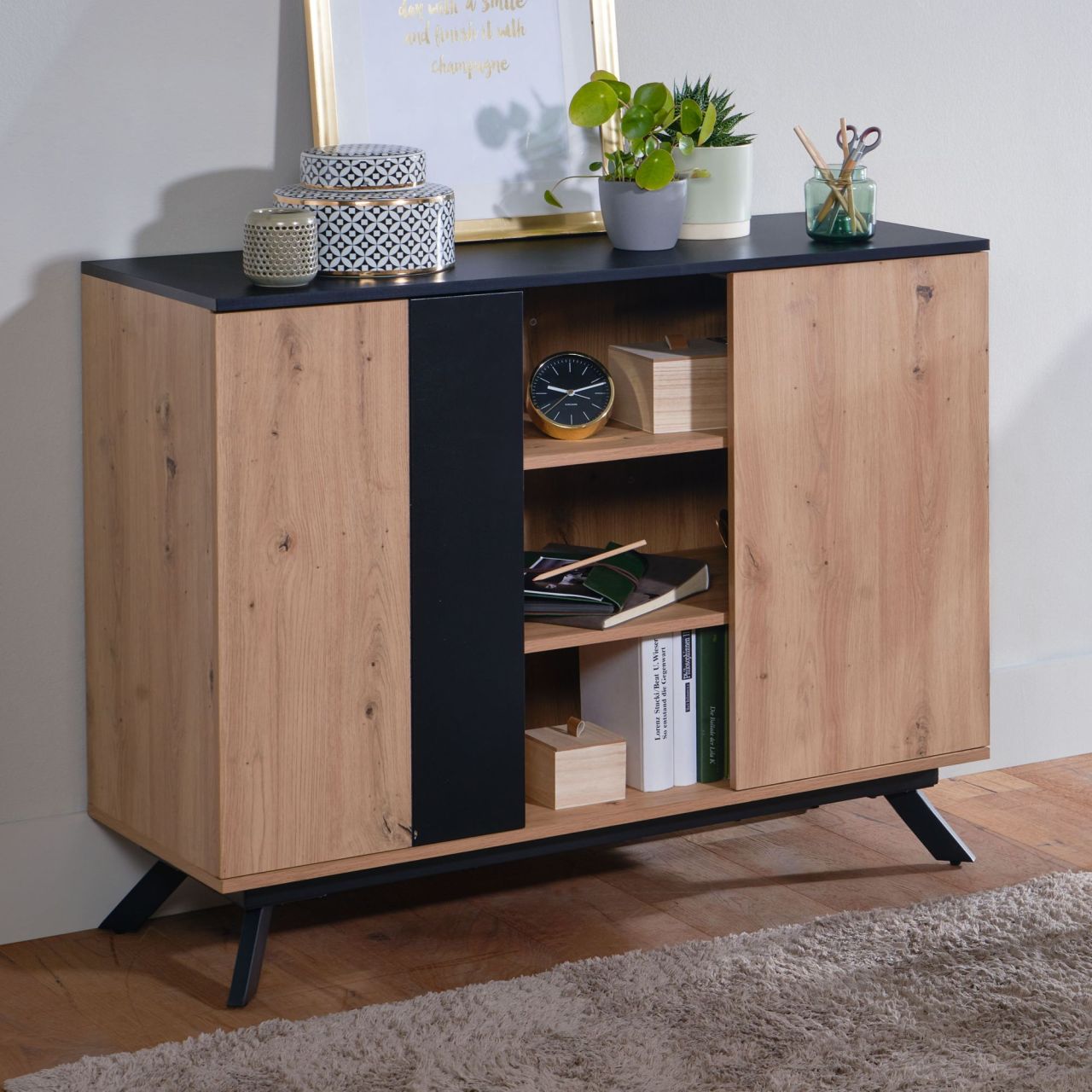 Sideboard 110x87x40 cm MDF Anrichte in Eiche-Dekor / Schwarz