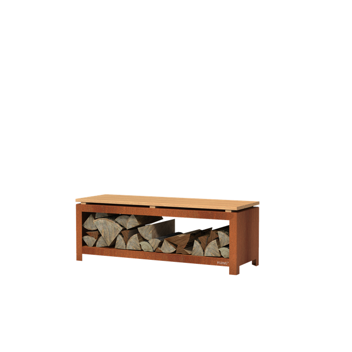 BHS2.2H Feuerholzlager mit Sitzbank Corten, 120 x 40 x 43 cm mit 182l Fassung…