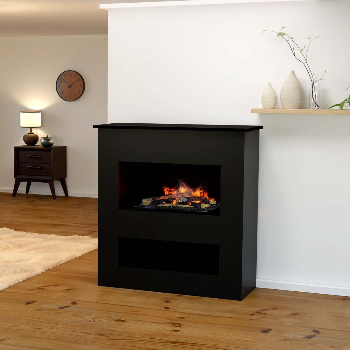 Glow Fire Brecht Elektrokamin Schwarz OMC 600 mit Deluxe Echtholzdekoration