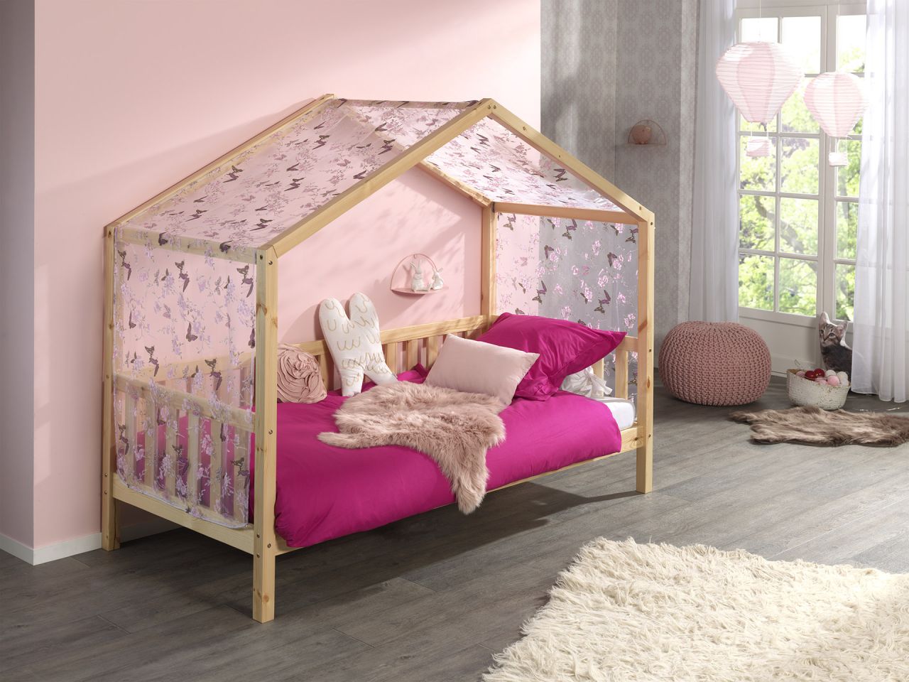 Vipack: Hausbett + Textilhimmel – Spielbett Kinderbett Jugendbett – Kiefer Natur