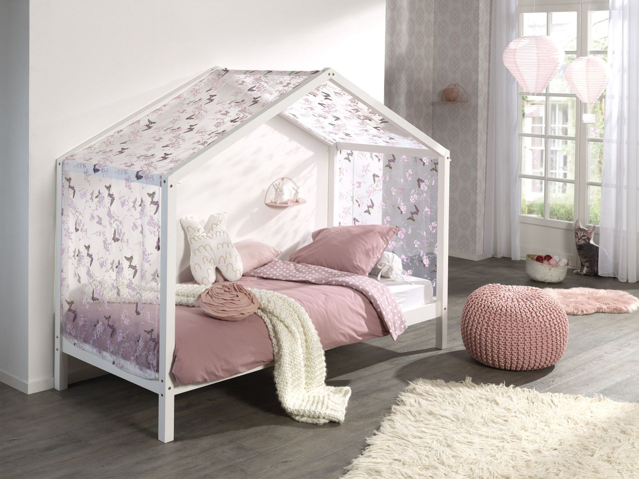 Vipack: Hausbett + Textilhimmel – Spielbett Kinderbett Jugendbett – Massiv Weiß