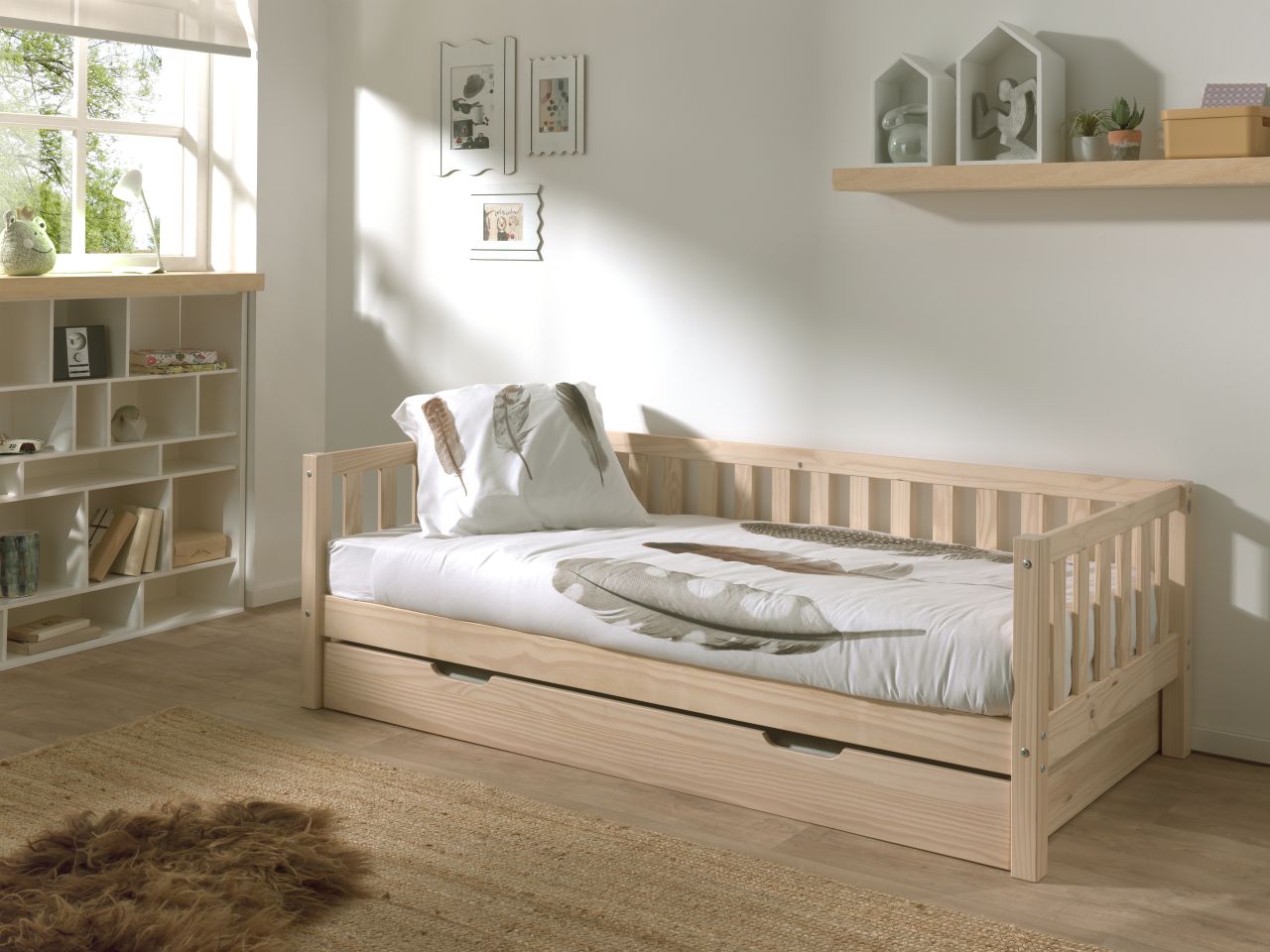 Kojenbett mit Bettschublade+Lattenrost-90×200 Kinderbett Gitterbett