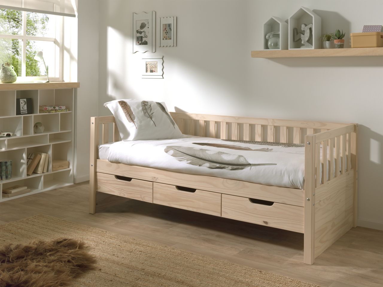 Kojenbett mit 3 Schubladen+Lattenrost-90×200 Kinderbett Gitterbett Holz