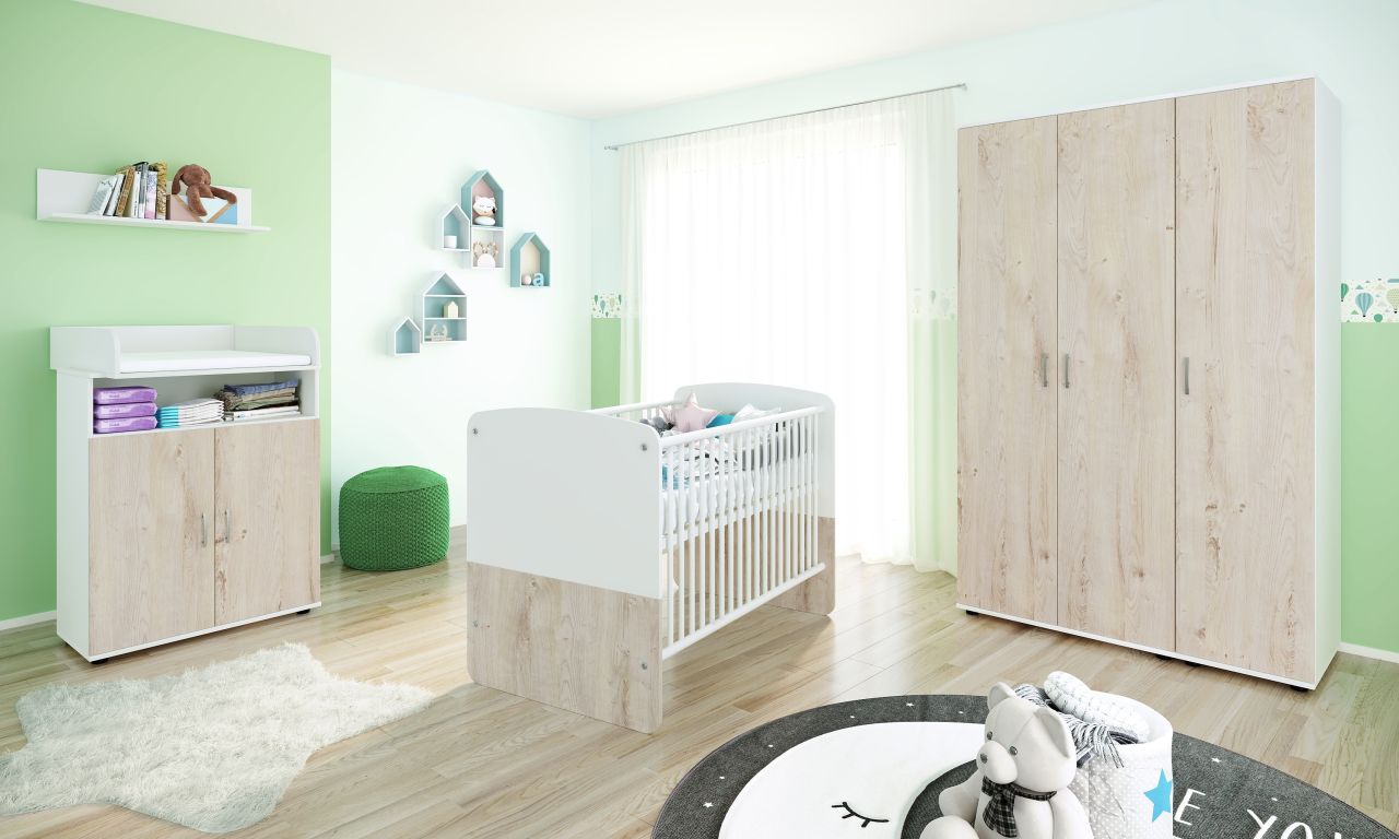 Babyzimmer Set Babybett Wickelkommode Wandregal Kleiderschrank Kinderzimmerset