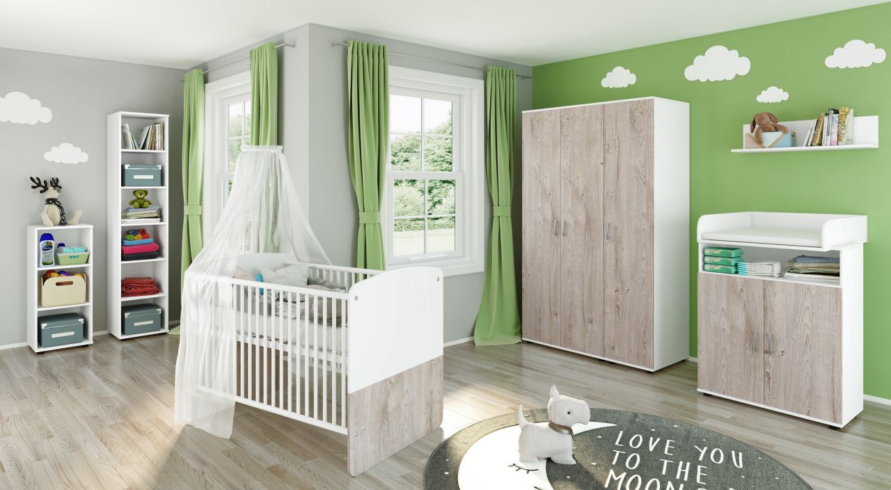 Babyzimmer Set Babybett Wickelkommode Wandregal Kleiderschrank Kinderzimmerset