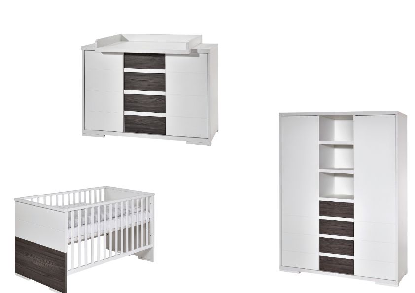 Set Kinderbett 70×140 Wickelkommode Schrank Umbauseiten Babyzimmer Weiß Schardt