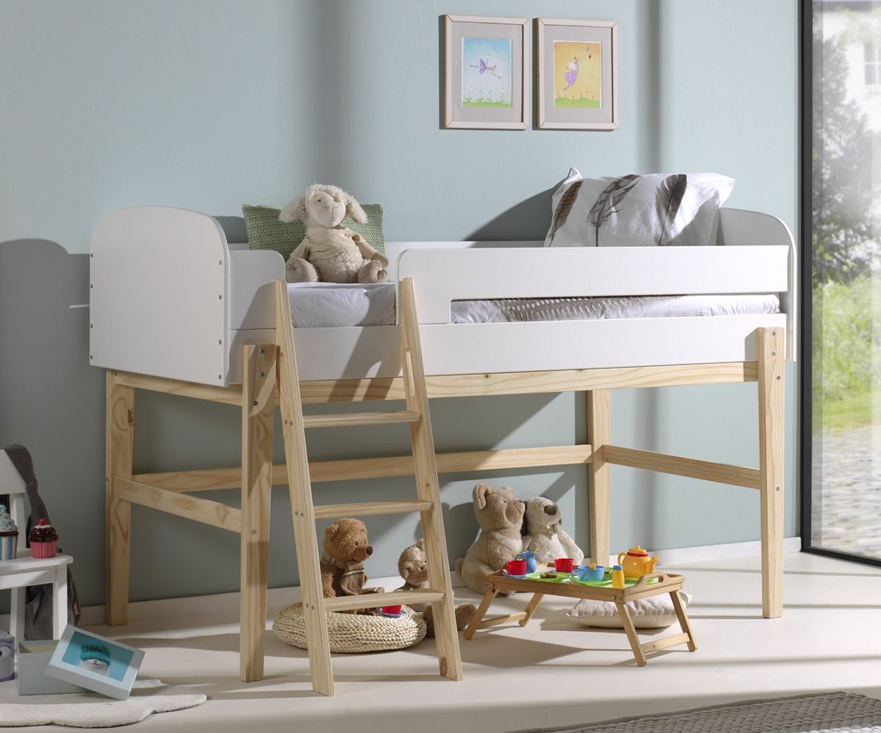 halbhohes Spielbett Kinderbett 90×200 Hochbett Weiß Natur Lattenrost skandi