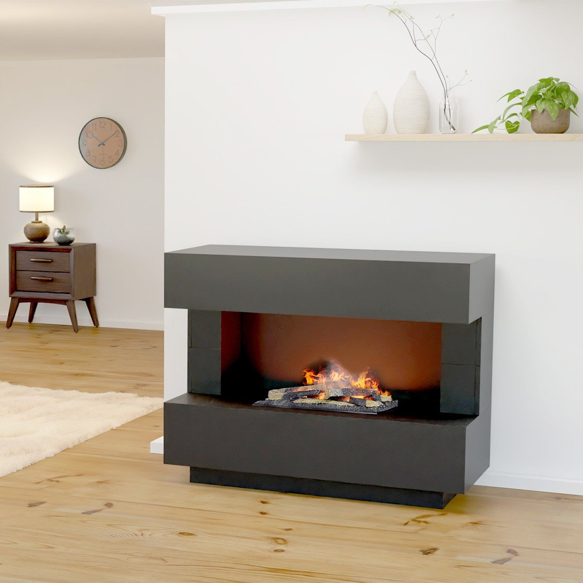 Glow Fire Kant Elektrokamin Grauton OMC 600 mit Deluxe Echtholzdekoration