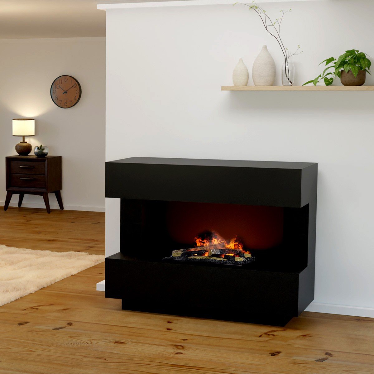 Glow Fire Kant Elektrokamin Schwarz OMC 600 mit Deluxe Echtholzdekoration