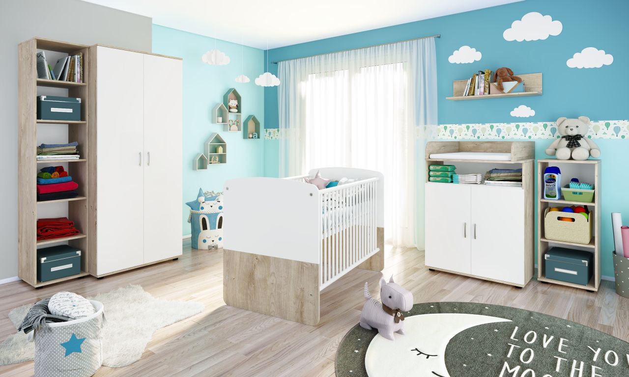 Babyzimmer Set Babybett Wickelkommode Wandregal Kleiderschrank Kinderzimmerset