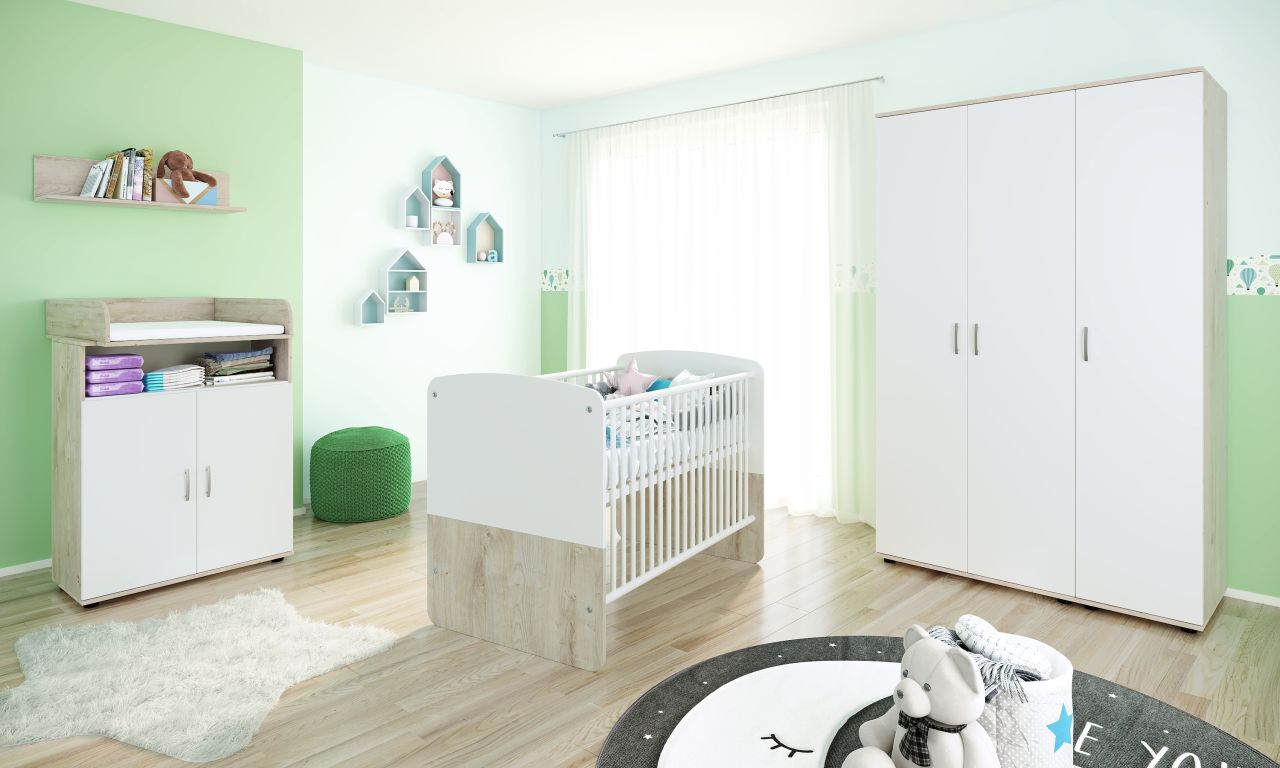 Babyzimmer Set Babybett Wickelkommode Wandboard Kleiderschrank Kinderzimmerset