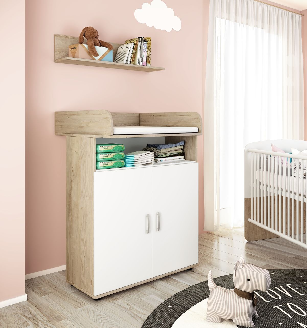 Kommode mit Wickelaufsatz Wandboard Wickelkommode Babymöbel Weiß Set Babyzimmer