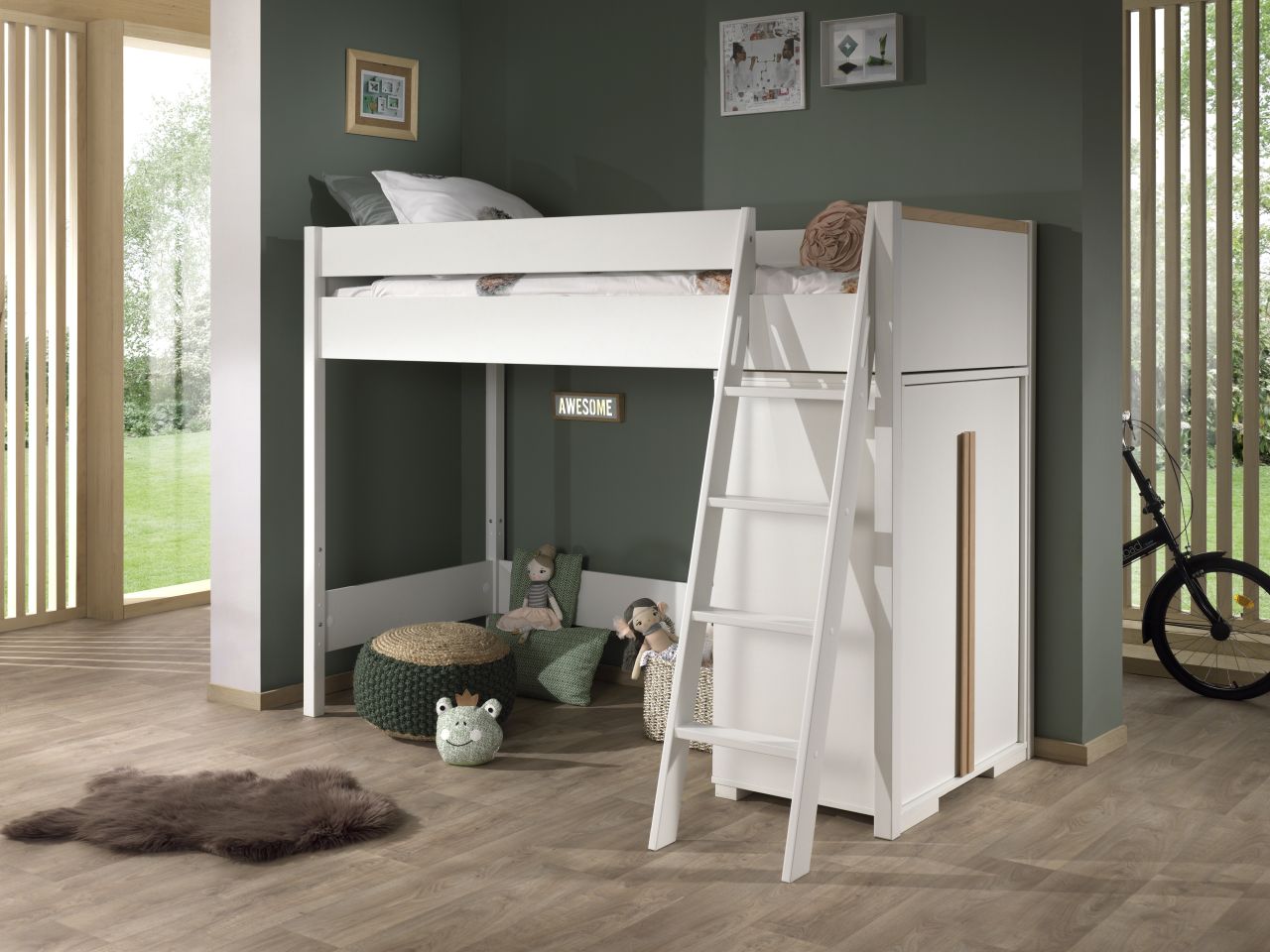 Set:Hochbett 90 x 200+Wäscheschrank- Kinderzimmer Kleiderschrank Kinderbett