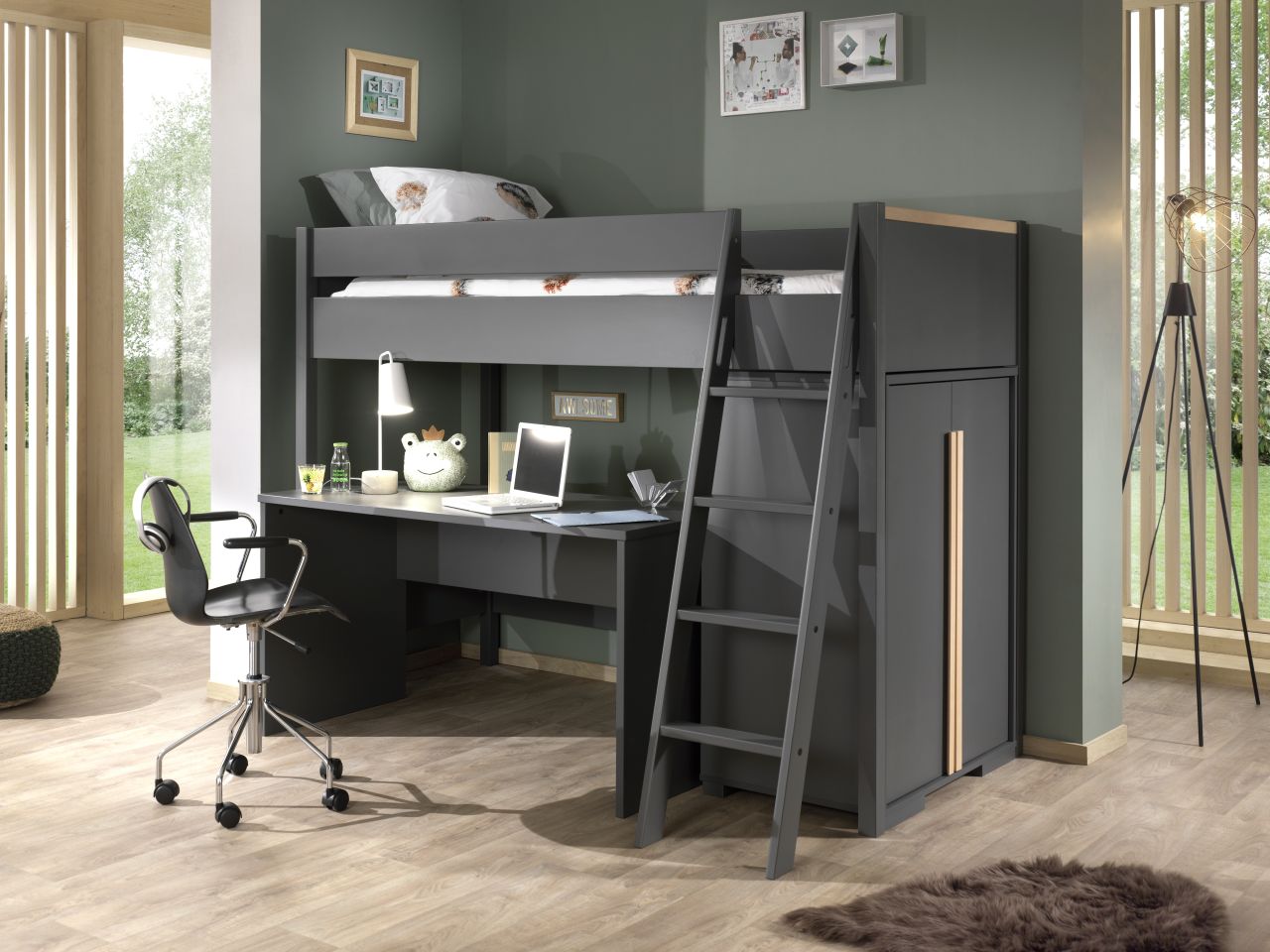 Set:Hochbett 90 x 200+Wäscheschrank+Schreibtisch- Kinderzimmer Komplettset