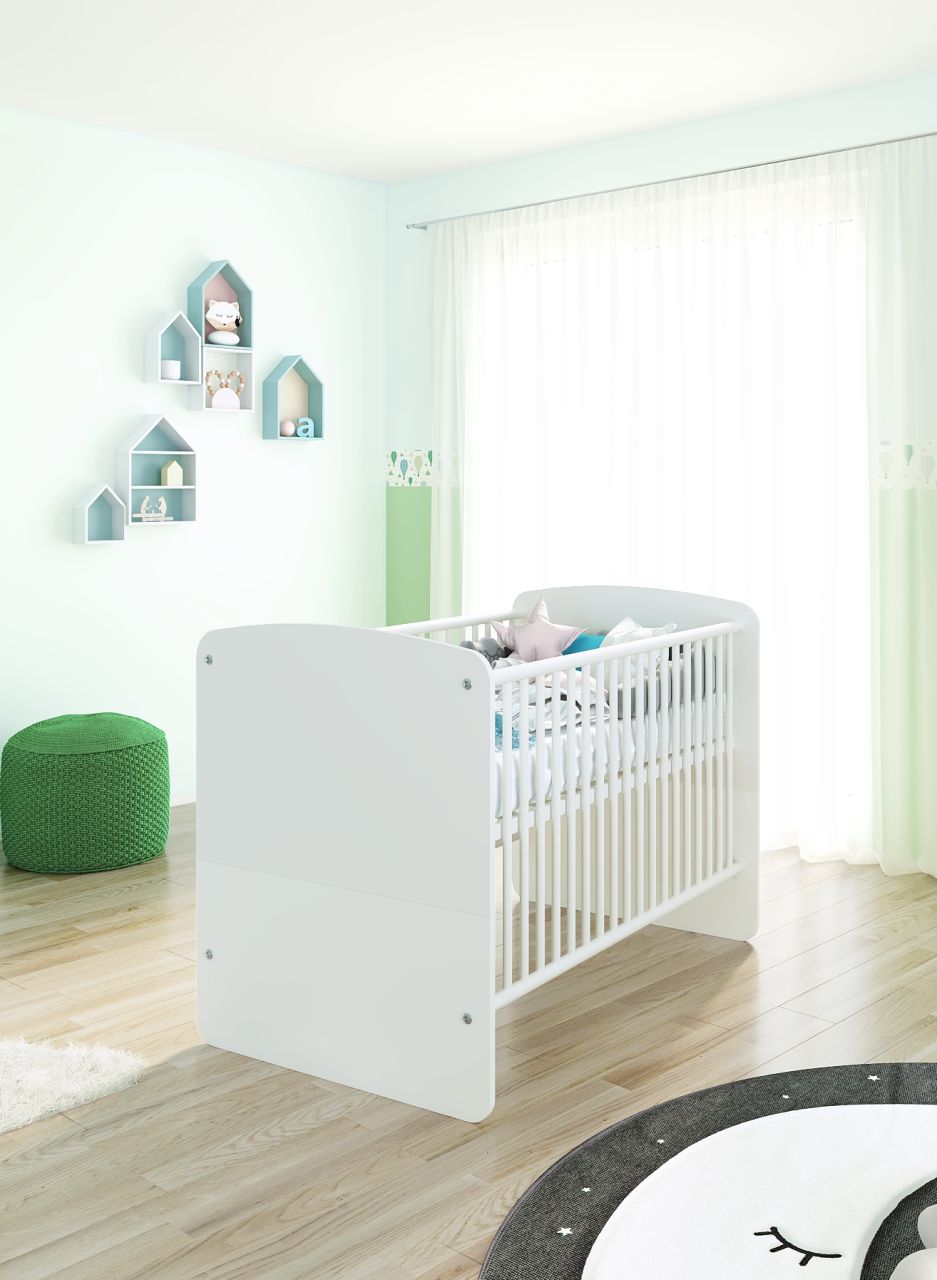 Babybett 70×140 Liegehöhe verstellbar Gitterbett Schlupfsprossen Weiß Babymöbel