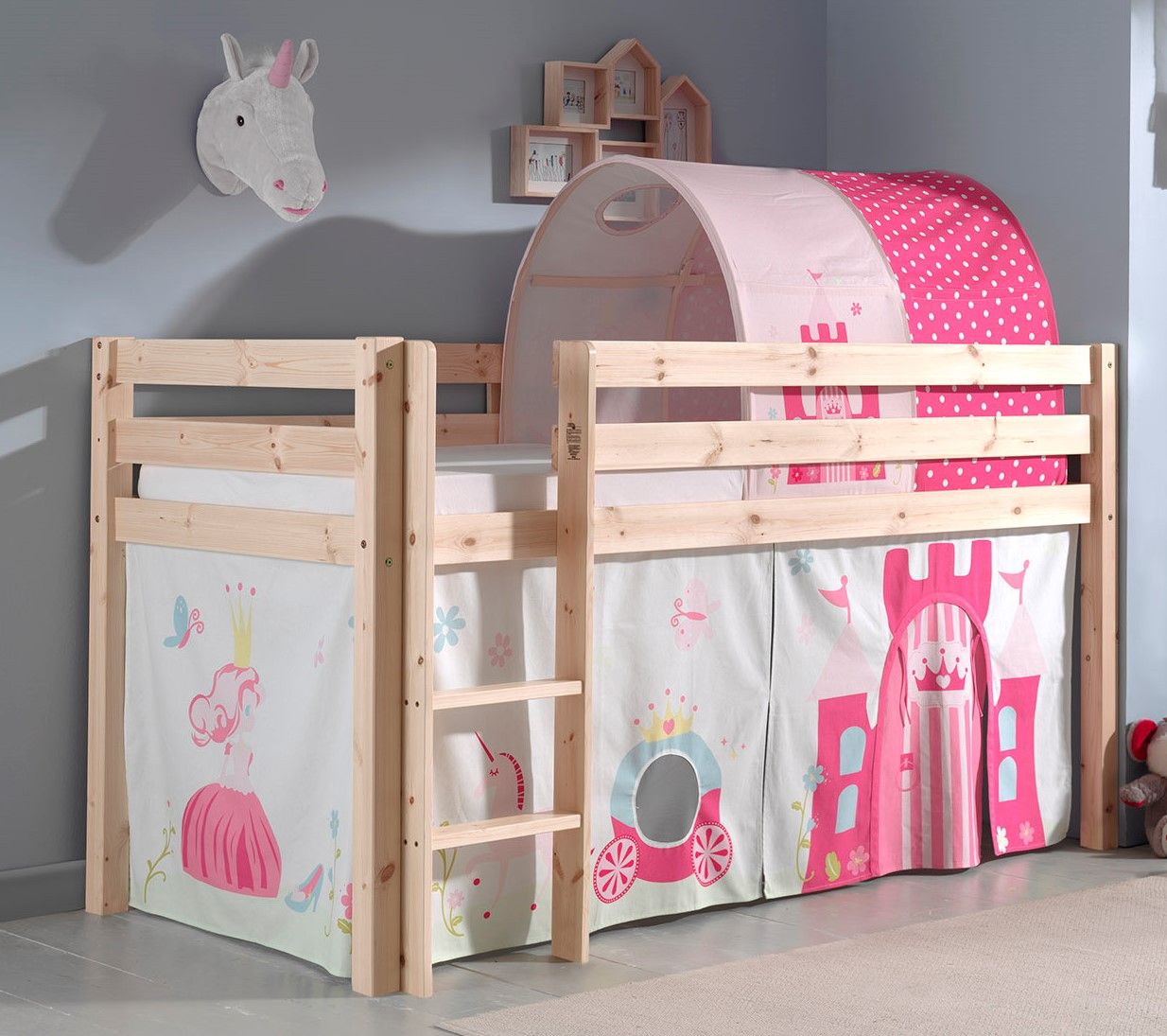 Spielbett Hochbett Kinderbett 90×200 Vorhang Prinzessin Rosa Tunnel Holzbett