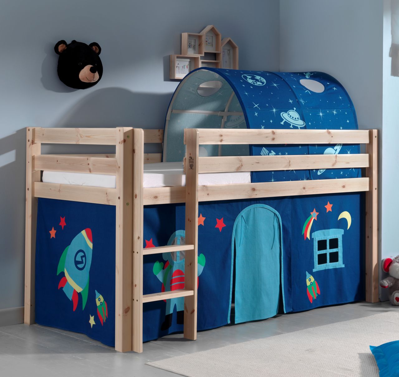 Spielbett Hochbett Kinderbett 90×200 Vorhang Taschen Tunnel Astronaut Holzbett