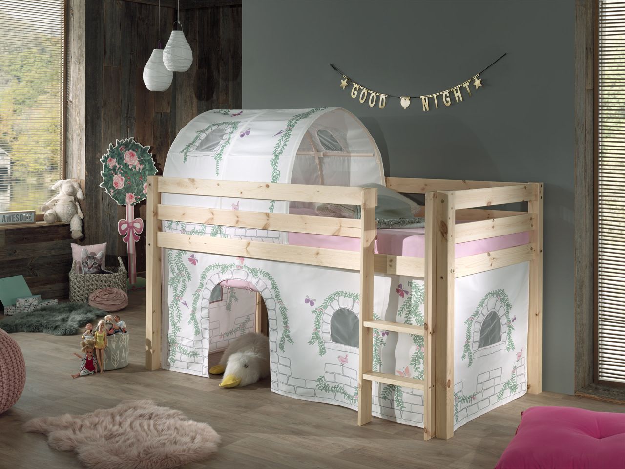 Vipack PINO Spielbett / Hochbett 90×200 mit Vorhang+Tunnel „Birdy“ Massiv Natur