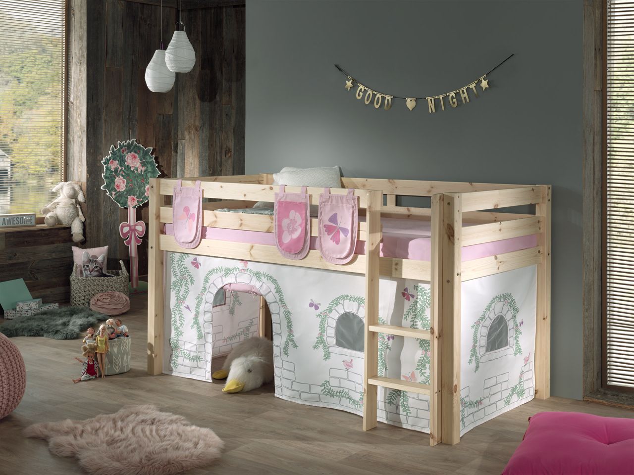 Vipack: „PINO“ Spielbett / Hochbett 90×200 mit Vorhang +Taschen „Birdy“ – Massiv