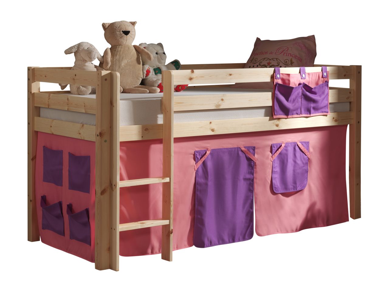 Spielbett Hochbett Kinderbett 90×200 Vorhang Prinzessin Massivholz Rosa Lila