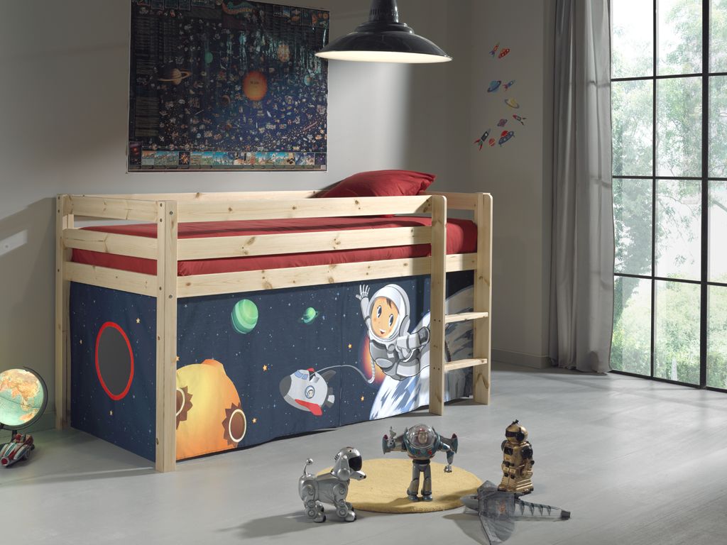 Spielbett Hochbett Kinderbett 90×200 Vorhang Astronaut Weltraum Massivholz blau