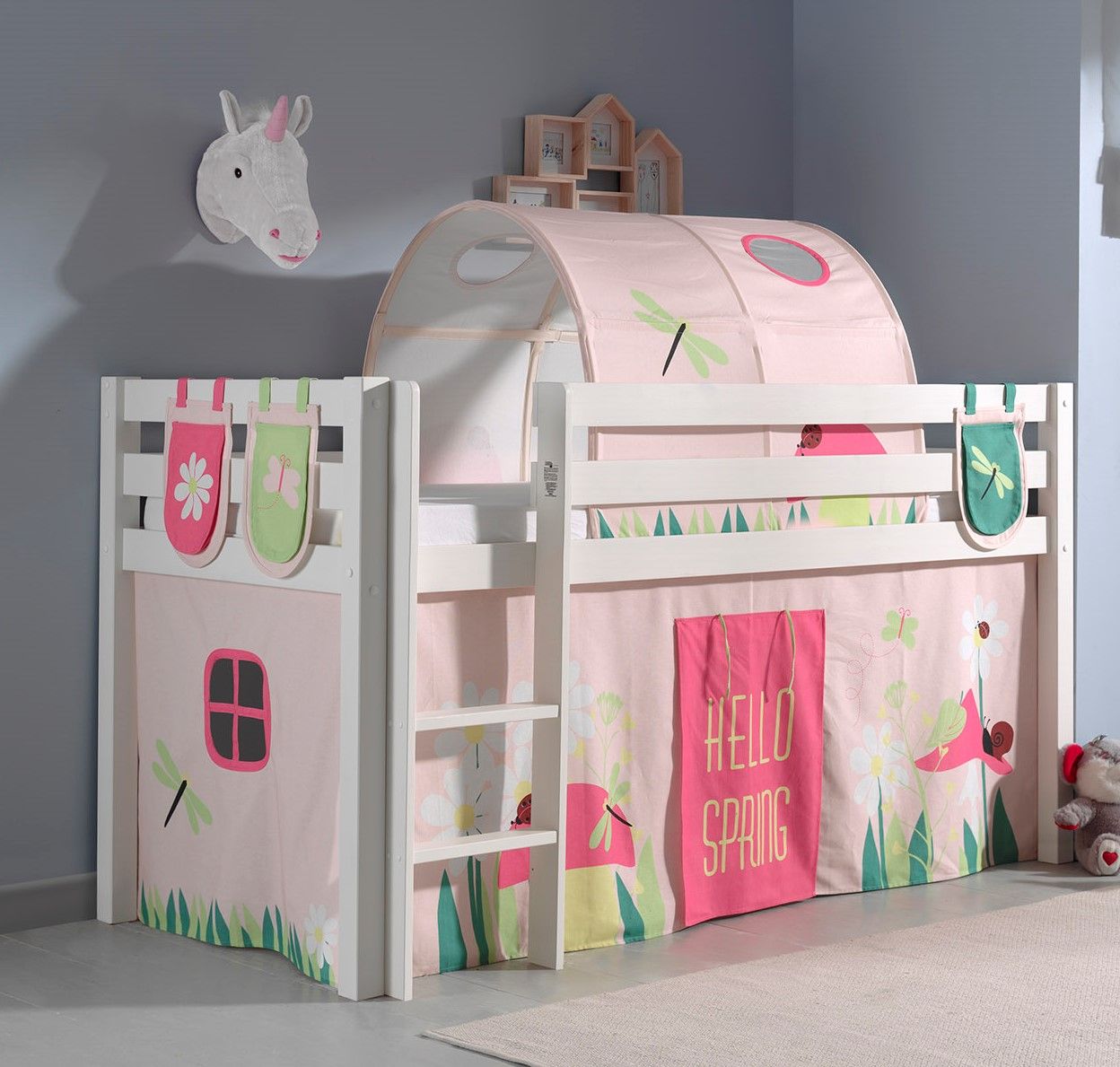 Spielbett Hochbett Kinderbett 90×200 Vorhang Tunnel Rosa Blumen Holzbett Weiß