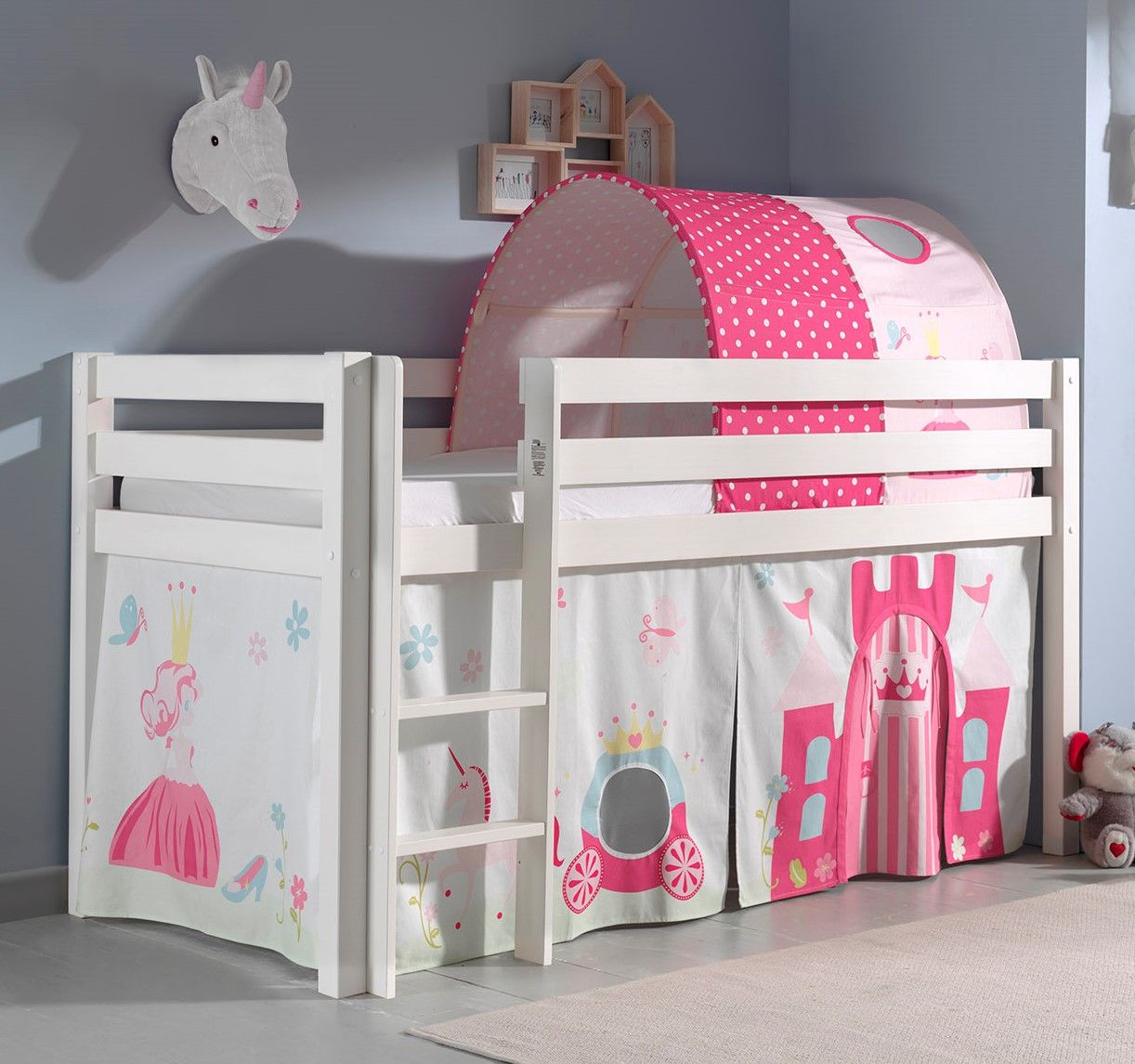 Spielbett Hochbett Kinderbett 90×200 Vorhang Prinzessin Rosa Tunnel Weiß Holz