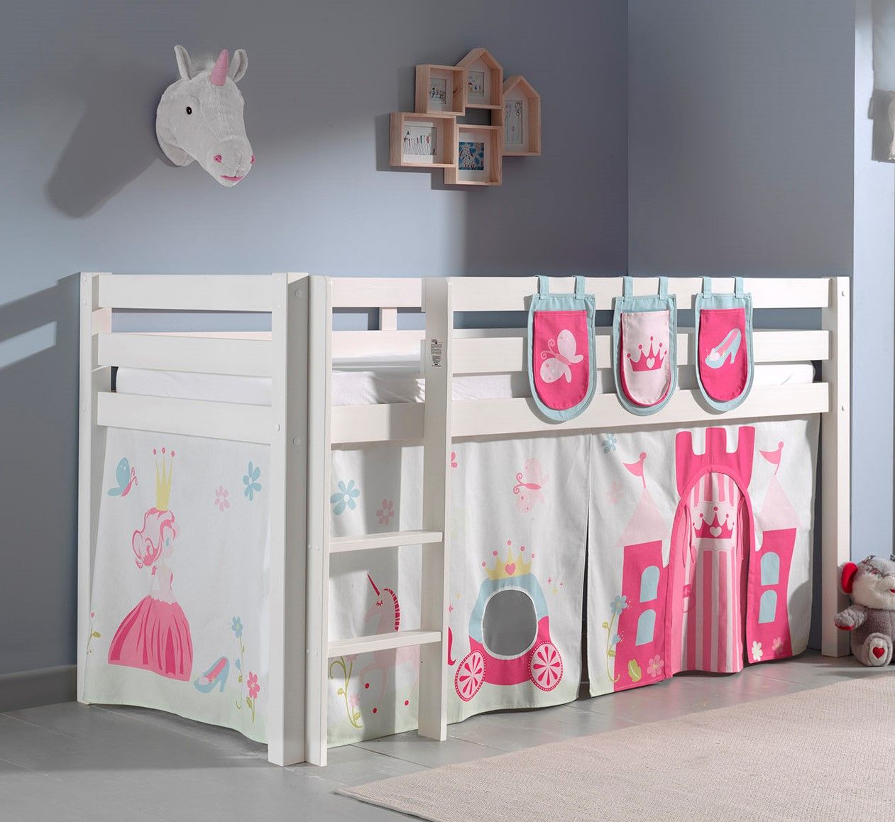 Spielbett Hochbett Kinderbett 90×200 Vorhang Prinzessin Weiß Rosa Holzbett Pink