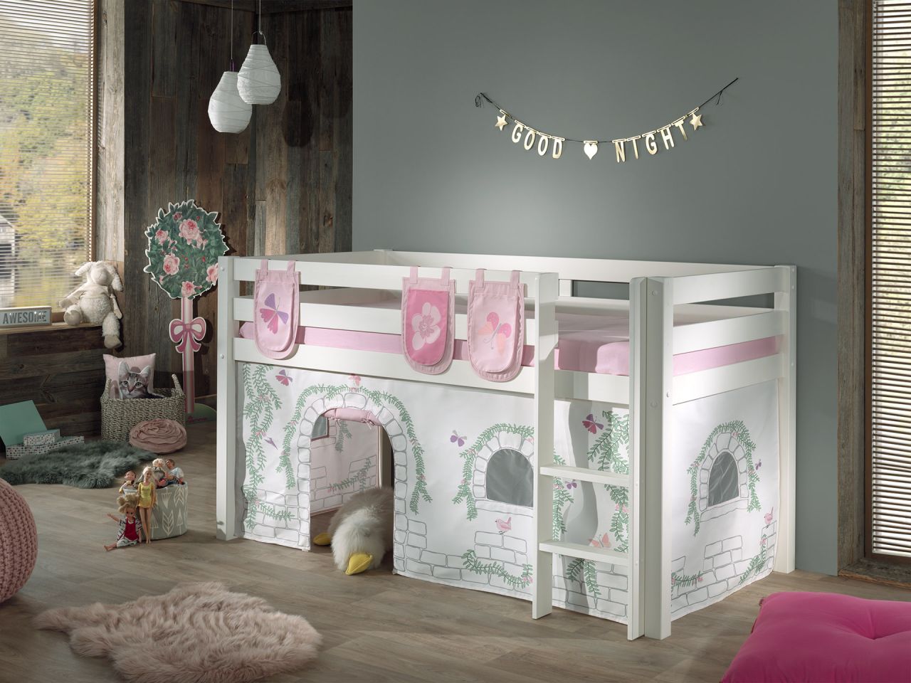 Vipack: „PINO“ Spielbett / Hochbett 90×200 mit Vorhang +Taschen „Birdy“ – Massiv