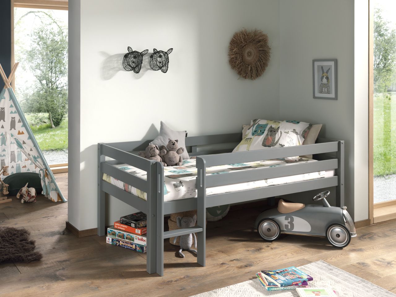 Kojen Spielbett Leiter Lattenrost 90×200 Kinderbett Einzelbett Kindermöbel Grau